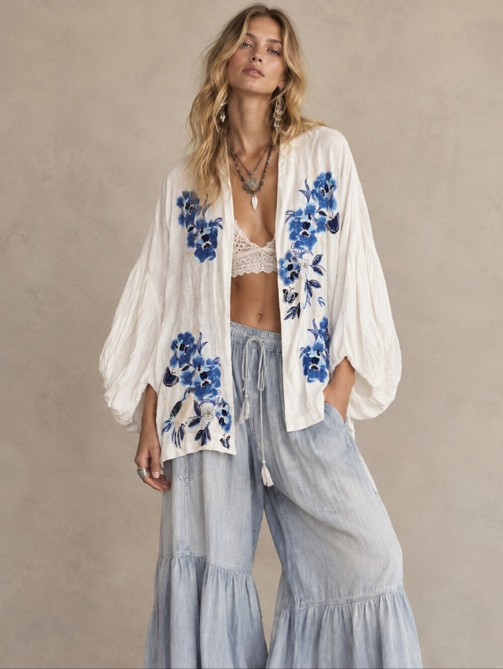 Sundance Linen Bohemian Blue Embroidered Floral, Butterfly & Bird Motifs Kimono